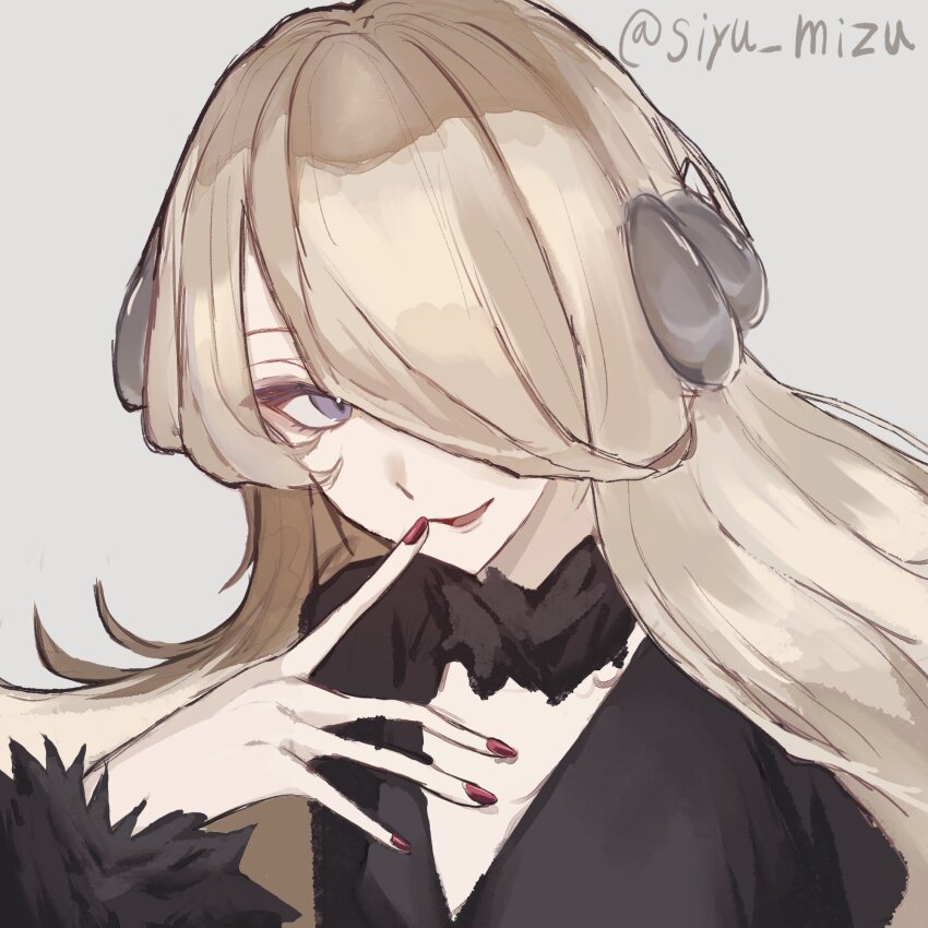 1girl blonde_hair breasts coat cynthia_(pokemon) fur-trimmed_coat fur-trimmed_sleeves fur_collar fur_trim grey_background grey_eyes hair_ornament hair_over_one_eye highres long_hair long_sleeves looking_at_viewer nintendo open_mouth pokemon pokemon_dppt simple_background siyu_mizu smile solo upper_body very_long_hair