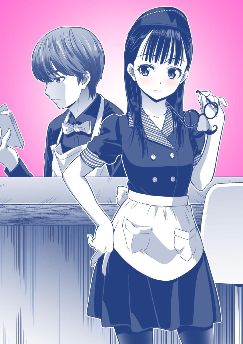 1boy 1girl absurdres animification apron avataro_sentai_donbrothers book bow bowtie chair contrapposto eyebrows_hidden_by_hair groucho_glasses glasses goshikida_kaito greyscale hat highres kaneko_naoya kito_haruka monochrome pantyhose partially_colored pink_background reading super_sentai waist_apron waitress