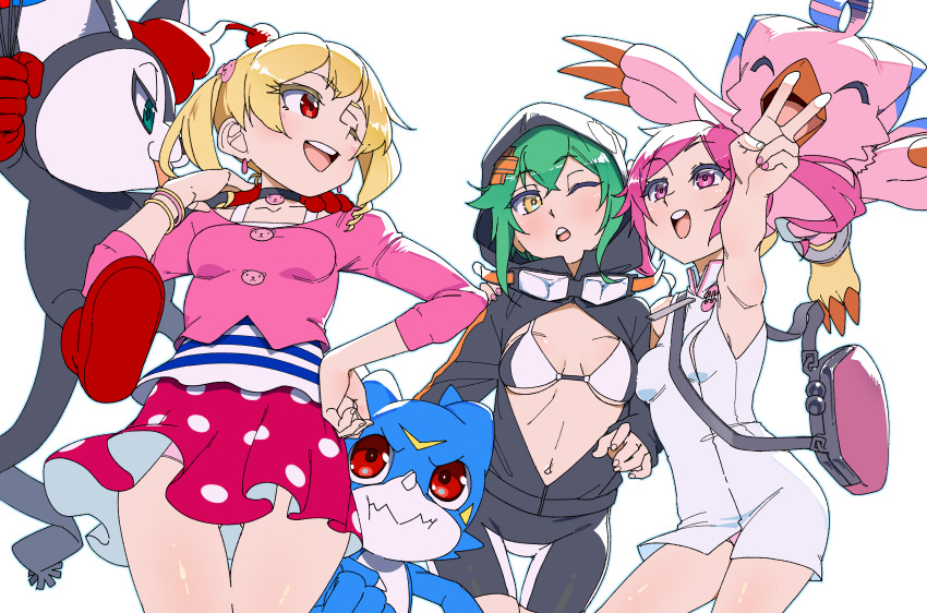 3girls :o ;d absurdres arm_up armpits bag bare_shoulders bike_shorts bikini bikini_top_only black_bikini black_choker black_jacket blonde_hair breasts camisole choker cleavage collarbone commentary cowboy_shot digimon digimon_(creature) digimon_world_re:digitize digimon_xros_wars digimon_xros_wars:_toki_wo_kakeru_shounen_hunter-tachi dress english_commentary goggles goggles_around_neck green_hair hair_between_eyes hair_ornament hand_on_own_hip hand_up highres hood hood_up hooded_jacket in-franchise_crossover jacket long_hair long_sleeves looking_at_another medium_breasts multicolored_bikini multiple_girls multiple_wristbands nail_polish navel one_eye_closed open_mouth opossummon orange_eyes panties pantyshot partially_unzipped pink_eyes pink_hair pink_panties pink_shirt piyomon polka_dot polka_dot_skirt red_eyes red_skirt rindou_akiho riza23 shinomiya_rina shirt short_hair short_hair_with_long_locks shoulder_bag sidelocks simple_background skirt sleeveless sleeveless_dress small_breasts smile standing striped_camisole striped_clothes suzaki_airu swimsuit teeth thigh_gap three-quarter_sleeves twintails two-tone_bikini underwear upper_teeth_only v v-mon white_background white_bikini white_dress x_hair_ornament