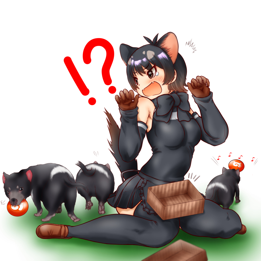 !? 1girl absurdres animal animal_ears bare_shoulders black_hair blush bow bowtie breasts brown_hair creature_and_personification detached_sleeves extra_ears fang food food_theft gloves hakumaiya highres japari_bun kemono_friends medium_breasts multicolored_hair musical_note open_mouth personification seiza short_hair sitting tail tasmanian_devil tasmanian_devil_(kemono_friends) tasmanian_devil_ears tasmanian_devil_tail thighhighs