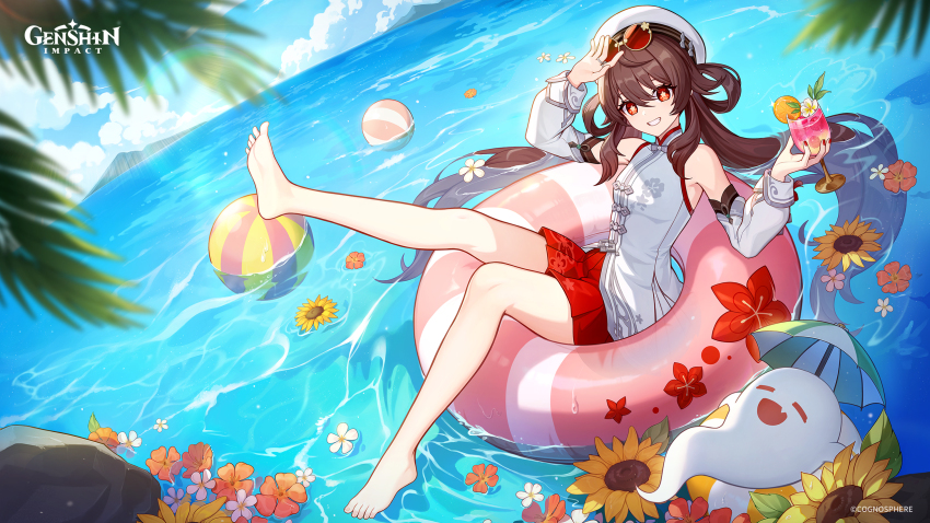 1girl barefoot beach_volleyball boo_tao_(genshin_impact) brown_hair clenched_teeth commentary cup detached_sleeves english_commentary flower-shaped_pupils full_body genshin_impact ghost glass grin hat highres holding holding_cup hu_tao_(cherries_snow-laden)_(genshin_impact) hu_tao_(genshin_impact) long_hair long_sleeves looking_at_viewer official_art outdoors red_eyes red_skirt round_eyewear shirt skirt smile solo sunglasses swim_ring symbol-shaped_pupils teeth very_long_hair water white_hat white_shirt