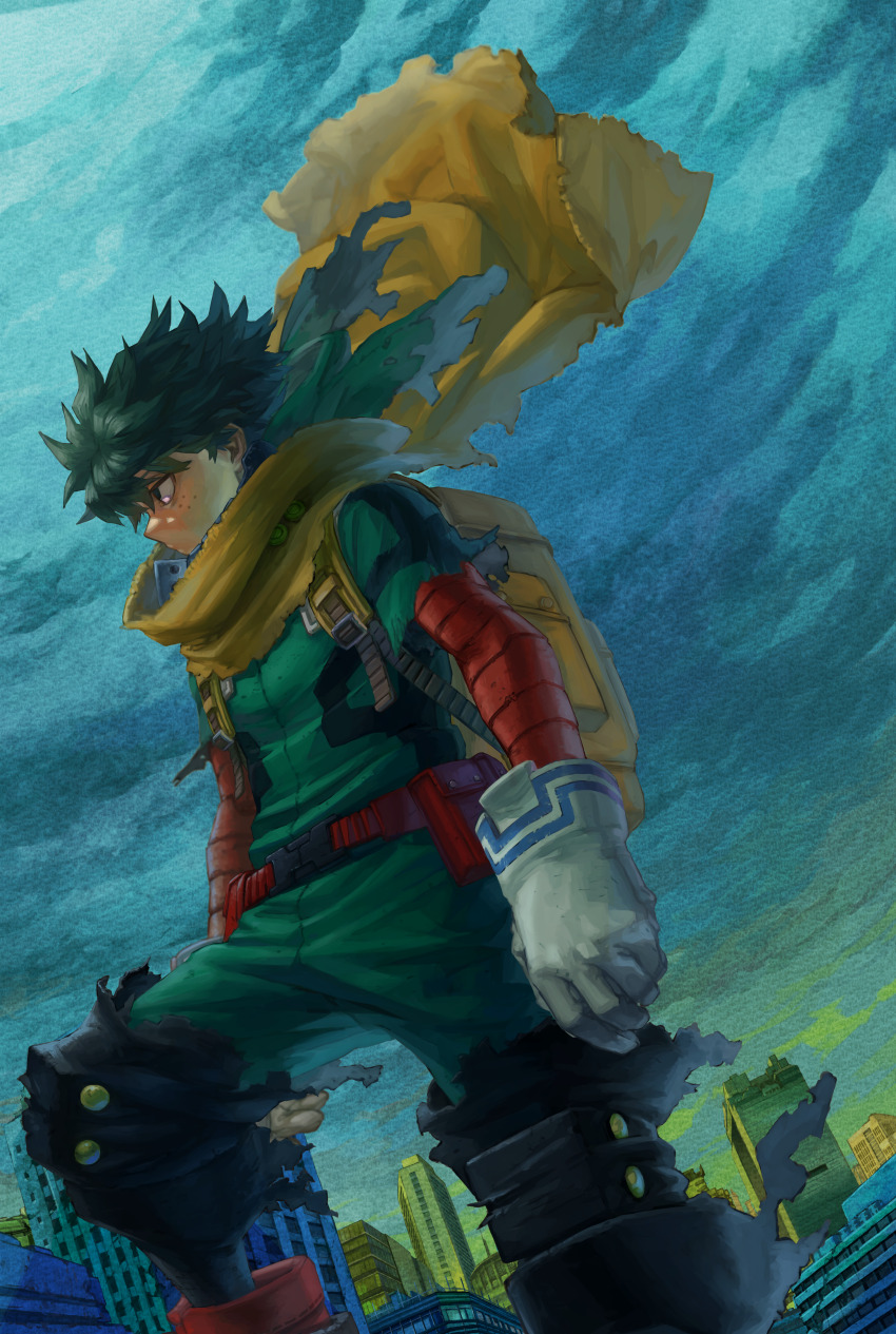 1boy absurdres arms_at_sides backpack bag belt belt_pouch blue_clouds bodysuit boku_no_hero_academia buckle building cape city cloud cloudy_sky cowboy_shot dutch_angle feet_out_of_frame film_grain floating_cape foreshortening freckles gloves gradient_sky green_bodysuit green_clouds green_eyes green_hair green_mask grey_gloves highres hollow_eyes looking_ahead male_focus mask mask_around_neck messy_hair midoriya_izuku mouth_mask official_alternate_costume outdoors pouch profile red_belt short_hair sky skyscraper snap-fit_buckle solo spoilers standing stepping torn_cape torn_clothes torn_mask torn_sleeves unworn_mask utility_belt wind yellow_bag yellow_cape yomoyama_yotabanashi
