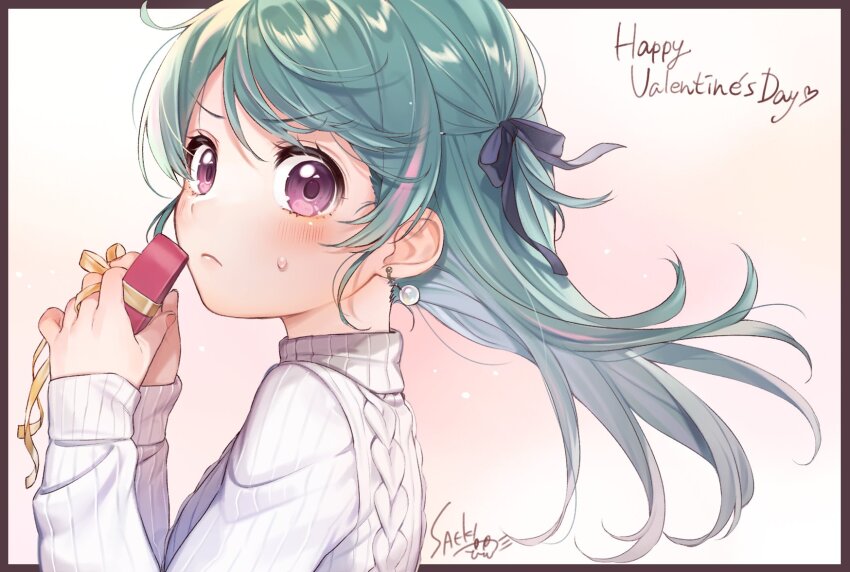black_ribbon border box brown_border closed_mouth earrings frown gift gift_box green_hair grey_hair hair_ribbon hands_up happy_valentine highres holding holding_gift indie_virtual_youtuber jewelry light_blush long_hair long_sleeves looking_at_viewer multicolored_hair pearl_earrings purple_eyes ribbon saeki_yahiro saekiyahiro signature sweatdrop sweater upper_body v-shaped_eyebrows valentine virtual_youtuber white_sweater yellow_ribbon