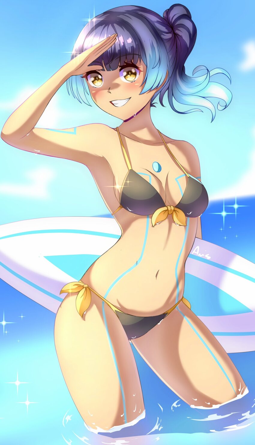 1girl anisdrawn bikini blue_hair blue_sky breasts cleavage dark-skinned_female dark_skin highres purple_hair sena_(xenoblade) sky small_breasts sunlight surfboard swimsuit teeth water xenoblade_chronicles_(series) xenoblade_chronicles_3 yellow_eyes