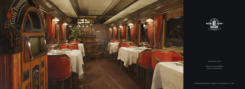 artist_name bar_(place) chair commentary company_name copyright_name copyright_notice english_commentary erich girls&#039;_frontline highres jar jukebox no_humans plant plate potted_plant scenery serving_cart table tablecloth train_interior twitter_username wall_lamp watermark web_address weibo_username window