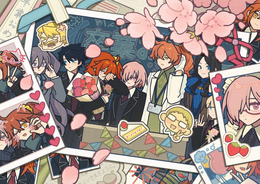 4girls 5boys absurdres anger_vein aqua_eyes black_hair black_jacket blazer blonde_hair blue_eyes bouquet bunting cake cake_slice candsale_a captain_nemo_(fate) cherry_blossoms chinese_commentary coat commentary_request crying drawn_ears drawn_whiskers fate/grand_order fate_(series) flower flower_on_chest food fruit fujimaru_ritsuka_(female) fujimaru_ritsuka_(male) glasses goredolf_musik graduation grey_jacket hair_ornament hair_scrunchie highres holding holding_bouquet jacket jingle_abel_meuniere lab_coat lanyard lectern leonardo_da_vinci_(fate) mash_kyrielight multiple_boys multiple_girls necktie nemo_(fate) open_clothes open_coat open_jacket orange_hair pennant photo_(object) pink_hair pink_petals purple_hair red_necktie romani_archaman school_uniform scrunchie sion_eltnam_(type-moon) sion_eltnam_sokaris strawberry strawberry_shortcake string_of_flags tears v white_coat wiping_tears yellow_scrunchie