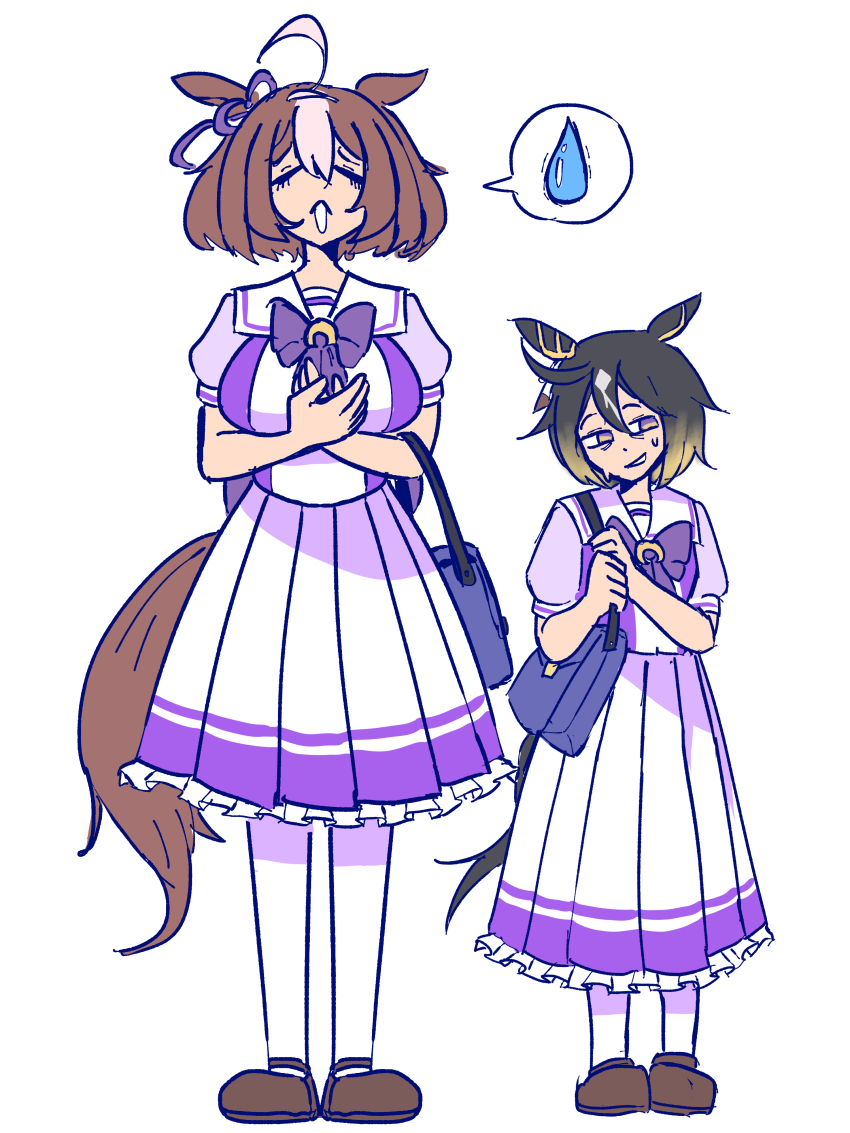 2girls absurdres ahoge animal_ears bag black_hair bow bowtie breasts brown_eyes brown_hair closed_eyes double-parted_bangs ear_covers ear_ribbon hair_between_eyes hairband height_difference highres horse_ears horse_girl horse_tail large_breasts long_hair looking_at_viewer meisho_doto_(umamusume) multicolored_hair multiple_girls open_mouth puffy_short_sleeves puffy_sleeves purple_bow purple_bowtie purple_shirt sailor_collar sailor_shirt school_bag school_uniform shirt shoes short_hair short_sleeves simple_background skirt speech_bubble starlinkman stay_gold_(umamusume) streaked_hair sweatdrop tail thighhighs tracen_school_uniform two-tone_hair umamusume water_drop white_hair white_sailor_collar white_skirt white_thighhighs