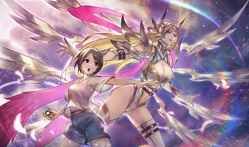 2girls :o angewomon arm_belt artist_collaboration bare_shoulders belt blonde_hair breasts brown_eyes brown_hair circlet cleavage closed_mouth clothing_cutout commentary_request commission cowboy_shot denim denim_shorts detached_wings diffraction_spikes digimon digimon_adventure_02 digivice divine_sword_irelia elbow_gloves fusion gloves groin hair_between_eyes headgear highres holding irelia jun_wei kai_e large_breasts league_of_legends lens_flare leotard long_hair multiple_girls multiple_wings navel navel_cutout open_mouth outstretched_arm see-through_clothes see-through_shirt shirt short_hair short_sleeves shorts sidelocks skindentation smile space standing stomach t-shirt teeth thigh_strap thighhighs undershirt upper_teeth_only white_gloves white_legwear white_leotard wings yagami_hikari zipper zipper_pull_tab