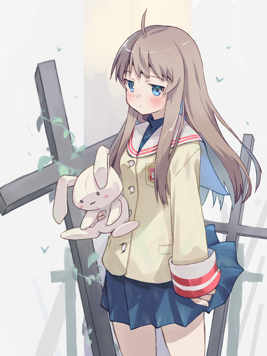 1girl ahoge akayama_yukihe arm_at_side blue_eyes blue_skirt blush blush_stickers brown_hair clannad closed_mouth commentary cowboy_shot cross english_commentary expressionless grey_background highres hikarizaka_private_high_school_uniform holding holding_stuffed_toy jacket jitome long_hair long_sleeves miniskirt miyazawa_yukine pleated_skirt sailor_collar school_uniform serafuku sidelocks simple_background skirt solo straight_hair stuffed_animal stuffed_rabbit stuffed_toy turtleneck white_sailor_collar yellow_jacket