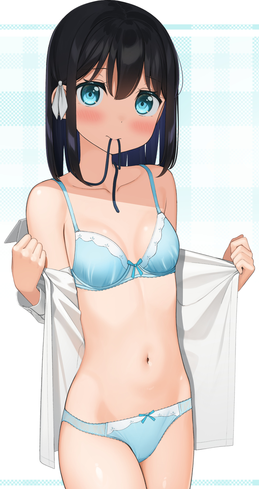 1girl apollo_(hu_maple) black_hair blue_bra blue_eyes blue_panties bow bow_bra bow_panties bra breasts collarbone cowboy_shot crotch_seam dress_shirt hair_bow hair_ornament hair_tie_in_mouth highres lace lace-trimmed_bra lace-trimmed_panties lace_trim long_sleeves medium_hair mouth_hold navel no_pants open_clothes open_shirt opened_by_self original panties shirt simple_background small_breasts solo standing underwear undressing white_background white_bow white_shirt