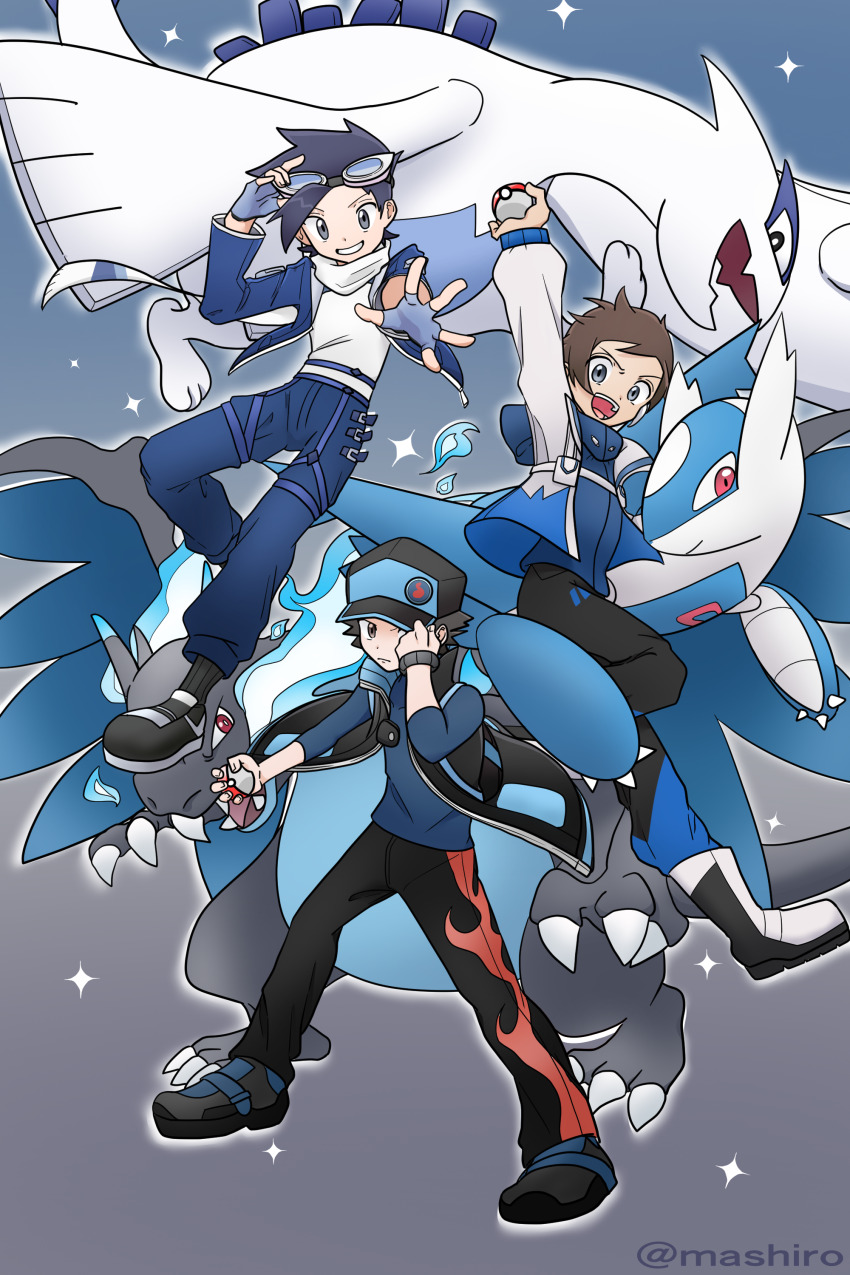 3boys absurdres baseball_cap black_footwear blue_fire blue_jacket blue_theme boots brendan_(pokemon) brendan_(sygna_suit)_(pokemon) brown_hair charizard claws dragon_wings earpiece ethan_(pokemon) ethan_(sygna_suit)_(pokemon) fangs fingerless_gloves fire game_freak gen_1_pokemon gen_2_pokemon gen_3_pokemon gloves goggles goggles_on_head grey_eyes hat highres holding holding_poke_ball jacket latios legendary_pokemon lugia male_focus mashiro_eaka mega_charizard_x mega_pokemon multiple_boys nintendo official_alternate_costume poke_ball poke_ball_(basic) pokemon pokemon_(creature) pokemon_masters_ex red_(pokemon) red_(sygna_suit)_(pokemon) scarf sparkle white_scarf wings
