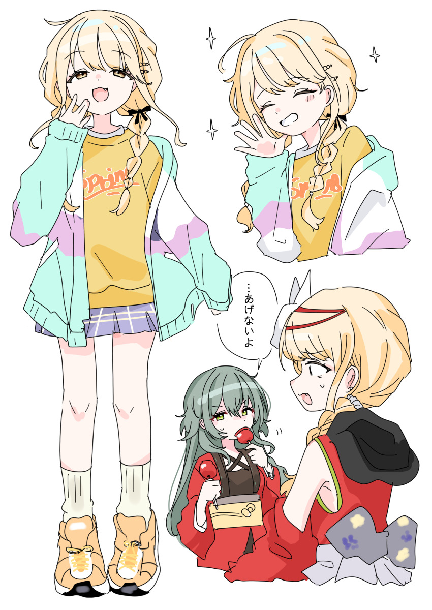 2girls absurdres blonde_hair blue_skirt bobok braid candy_apple commentary commentary_request cropped_torso english_commentary facing_another fang food fox_mask fujita_kotone full_body gakuen_idolmaster green_hair highres idolmaster jacket japanese_clothes kamurogiku_(idolmaster) kimono long_hair looking_at_viewer mask mask_on_head multicolored_jacket multiple_girls multiple_views open_clothes open_jacket plaid_clothes plaid_skirt red_kimono shirt shoes simple_background skirt sneakers sparkle speech_bubble translation_request tsukimura_temari twin_braids upper_body white_background yellow_eyes yellow_shirt