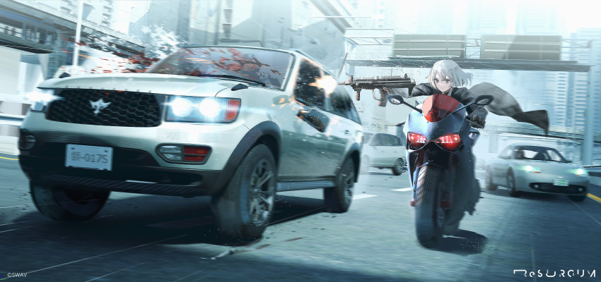 1girl absurdres black_jacket blood building car city copyright_notice day expressionless firefight firing grey_eyes grey_hair gun highres highway holding holding_gun holding_weapon jacket license_plate long_sleeves motion_blur motor_vehicle motorcycle multi-lane_road original outdoors porsche porsche_911 porsche_996 riding road short_hair side-view_mirror sports_utility_vehicle street submachine_gun swav vehicle_chase weapon white_hair