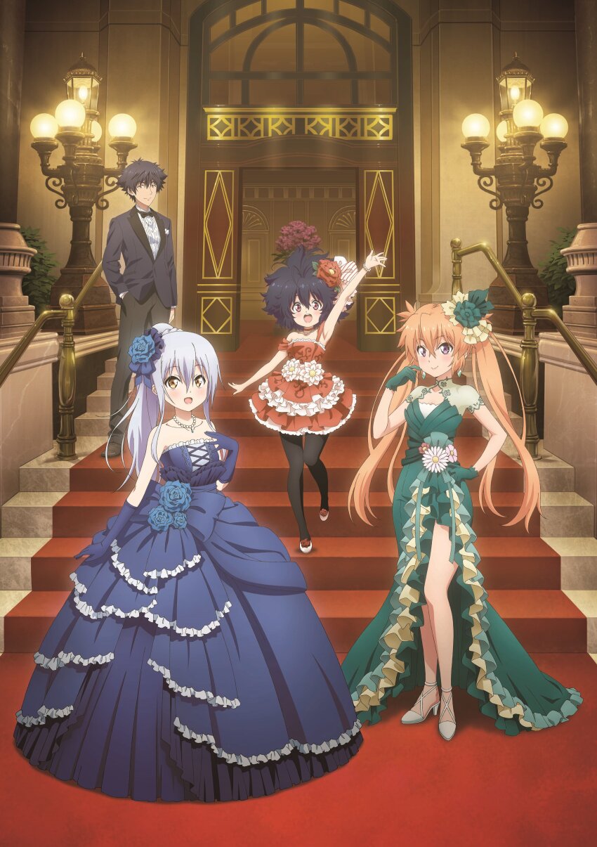 1boy 3girls absurdres black_hair black_jacket black_pants black_socks black_suit blue_dress brown_eyes dress elegant flowers_in_hair formal_clothes garandou_sara green_dress highres island_(game) jacket kurutsu_karen long_hair looking_at_viewer multiple_girls ohara_rinne orange_hair pants red_dress sanzenkai_setsuna shirt socks suit very_long_hair white_hair white_shirt
