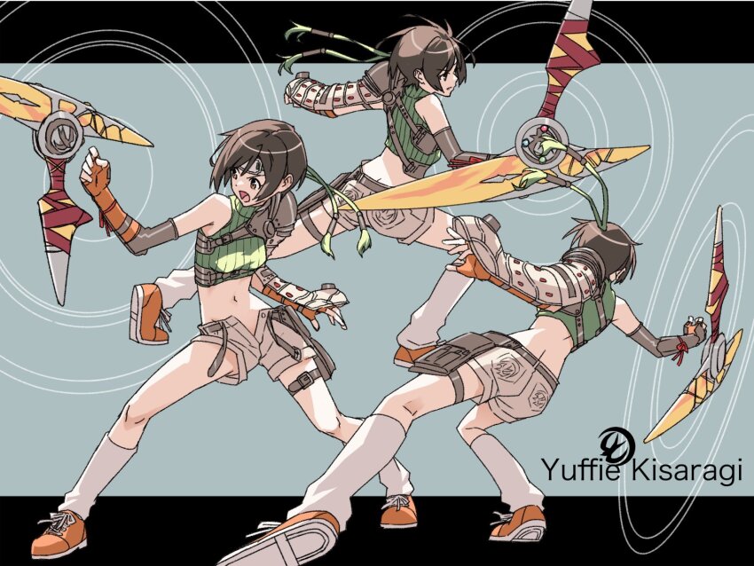 1girl decoponmagi final_fantasy final_fantasy_vii final_fantasy_vii_ever_crisis highres open_fly short_hair shorts tagme yuffie_kisaragi yuffie_kisaragi_(summer_moogle)