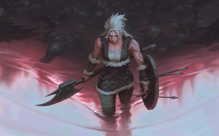 1girl arm_tattoo armor axe bare_arms bare_shoulders battle_axe bird bleeding blood blood_from_mouth blood_on_axe blood_on_clothes blood_on_face bloody_weapon braid breasts chainmail collarbone copyright_request crow cuts dao_trong_le death facial_tattoo fake_horns fur_skirt fur_trim helmet highres holding holding_axe holding_shield holding_weapon horned_helmet horns injury leather_armor long_hair medium_breasts multiple_scars muscular muscular_female pants scar scar_on_face shield shirt side_braid tattoo torn_clothes torn_shirt viking water weapon white_hair