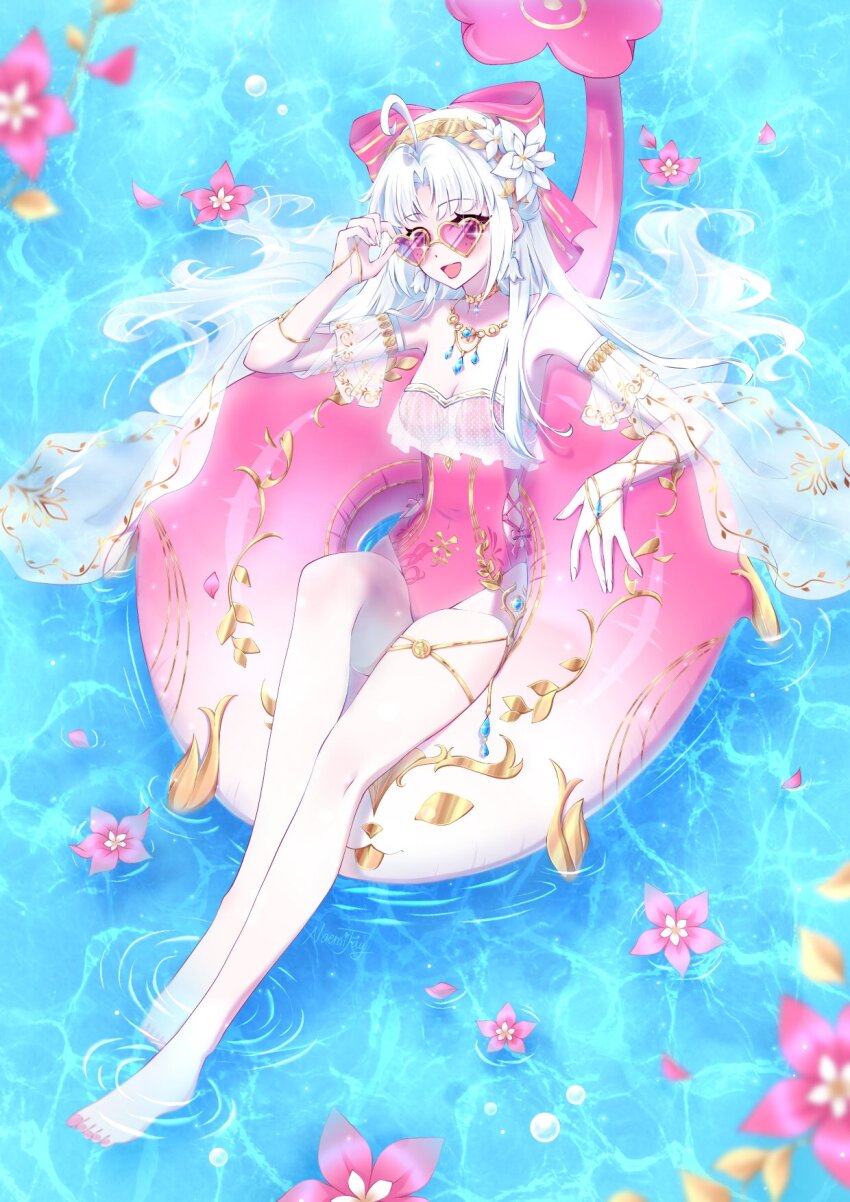 1girl ahoge bare_legs bare_shoulders barefoot bow breasts carlotta_(splashing_summer)_(wuthering_waves) carlotta_(wuthering_waves) casual_one-piece_swimsuit cleavage commentary detached_sleeves earrings english_commentary feet flamingo_innertube flower gold_hairband hair_bow hair_flower hair_ornament hairband heart heart-shaped_eyewear highleg highleg_one-piece_swimsuit highres jewelry legs long_hair looking_at_viewer medium_breasts naemi_fay necklace official_alternate_costume one-piece_swimsuit open_mouth parted_bangs pink-tinted_eyewear pink_bow pink_flower pink_one-piece_swimsuit sidelocks smile solo striped_bow sunglasses swimsuit tinted_eyewear toes water white_flower white_hair wuthering_waves