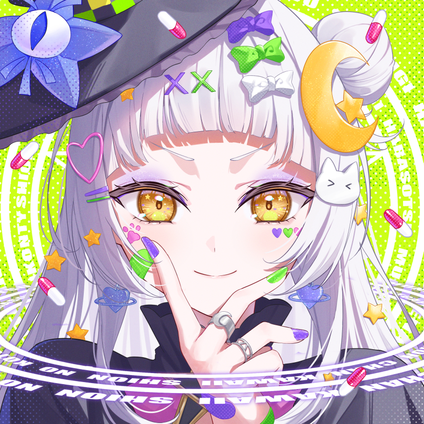 1girl absurdres arched_bangs bandaid bandaid_on_hand black_capelet black_hat bow capelet cat_hair_ornament closed_mouth commentary crescent crescent_hair_ornament decora earrings english_commentary green_background green_bow green_nails hair_bow hair_bun hair_ornament hairclip hand_on_own_face hat heart heart_earrings heart_hair_ornament heart_sticker highres hololive jewelry long_hair looking_at_viewer multicolored_nails multiple_rings murasaki_shion murasaki_shion_(1st_costume) nail_polish pill portrait purple_bow purple_nails ring romaji_text side_up_bun single_side_bun smile solo star_(symbol) star_hair_ornament star_in_eye sticker_on_face straight-on symbol_in_eye v-shaped_eyebrows virtual_youtuber white_bow white_hair x_hair_ornament yellow_eyes yuki_hare1130