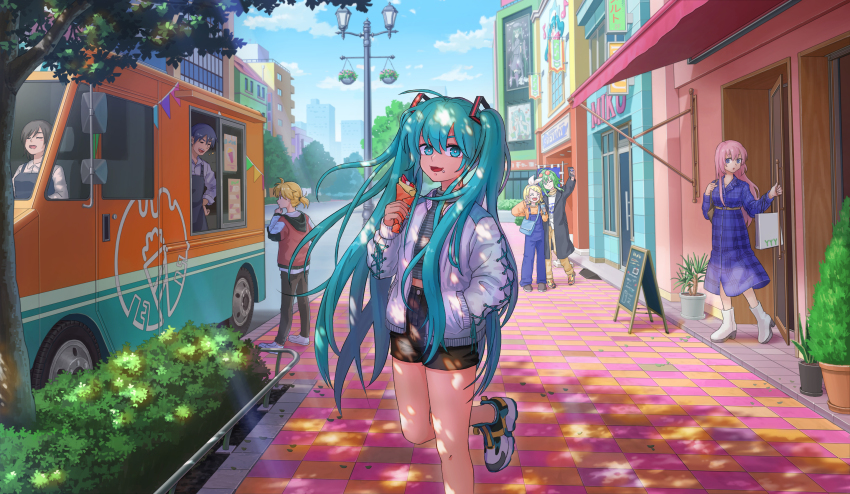 3boys 4girls absurdres bag billboard blush_stickers building city crepe dappled_sunlight day eating food food_on_face food_truck fumeshi gumi hand_on_own_chin hatsune_miku highres holding holding_bag holding_food holding_phone kagamine_len kagamine_rin kaito_(vocaloid) lamppost leg_up long_hair looking_at_viewer megurine_luka meiko_(vocaloid) miku_day motor_vehicle multiple_boys multiple_girls one_eye_closed outdoors parfait phone poppippoo_(vocaloid) road sandwich_board scenery selfie senbonzakura_(vocaloid) shadow shoes shopping_bag sidewalk smile sneakers standing standing_on_one_leg strawberry_parfait street sunlight taking_picture thinking truck v vocaloid wide_shot