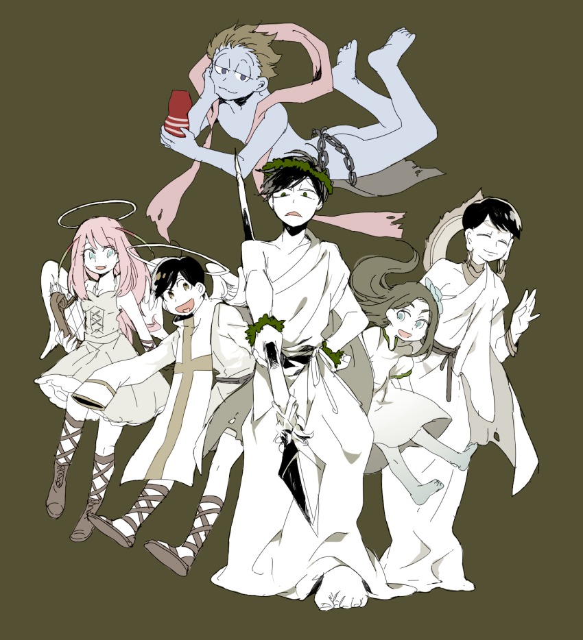 10s 2girls 4boys :d aiming aiming_at_viewer alternate_costume ancient_greek_clothes angel angel_wings artificial_vagina bare_shoulders barefoot black_hair blue_flower blue_skin boots bracelet brown_hair chain chiton colored_skin cross-laced_clothes cross-laced_footwear d: dress earrings feathered_wings flat_color floating flower flower_fairy_(osomatsu-kun) flying greco-roman_clothes grey_background hagoromo hair_flower hair_intakes hair_ornament halo hashimoto_nyaa head_wreath heart heart_in_mouth highres holding holding_weapon hoop_earrings jewelry kamimatsu long_sleeves looking_at_viewer matsuno_choromatsu matsuno_ichimatsu matsuno_jyushimatsu multiple_boys multiple_girls necklace newo_(shinra-p) nude open_mouth osomatsu-kun osomatsu-san osomatsu_(series) pink_hair polearm sandals sex_toy shawl simple_background sketch sleeves_past_wrists smile spear standing swept_bangs toga triangle_mouth weapon wings