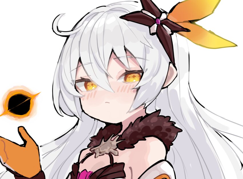 1girl absurdres ahoge bare_shoulders blush closed_mouth fur_trim gloves hair_between_eyes hair_ornament hand_up highres honkai_(series) honkai_impact_3rd kiana_kaslana kiana_kaslana_(herrscher_of_the_void) long_hair looking_at_viewer orange_gloves scarlet23i0 simple_background solo upper_body white_background white_hair yellow_eyes