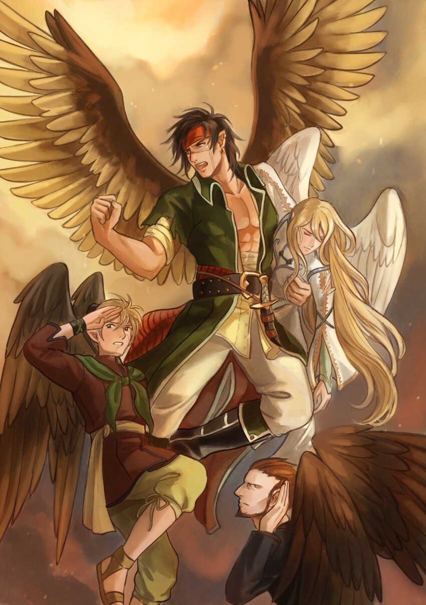 4boys abs bare_pectorals beard belt black_hair blonde_hair boots brown_hair carrying carrying_person commentary earclip earrings english_commentary facial_hair feathered_wings fire_emblem fire_emblem:_path_of_radiance headband highres janaff_(fire_emblem) jewelry laguz_(fire_emblem) long_hair male_focus midriff_sarashi multiple_boys nintendo open_clothes pectorals pointy_ears reyson_(fire_emblem) sandals sarashi scar scar_on_face short_hair tamafry tibarn_(fire_emblem) ulki_(fire_emblem) unconscious wings