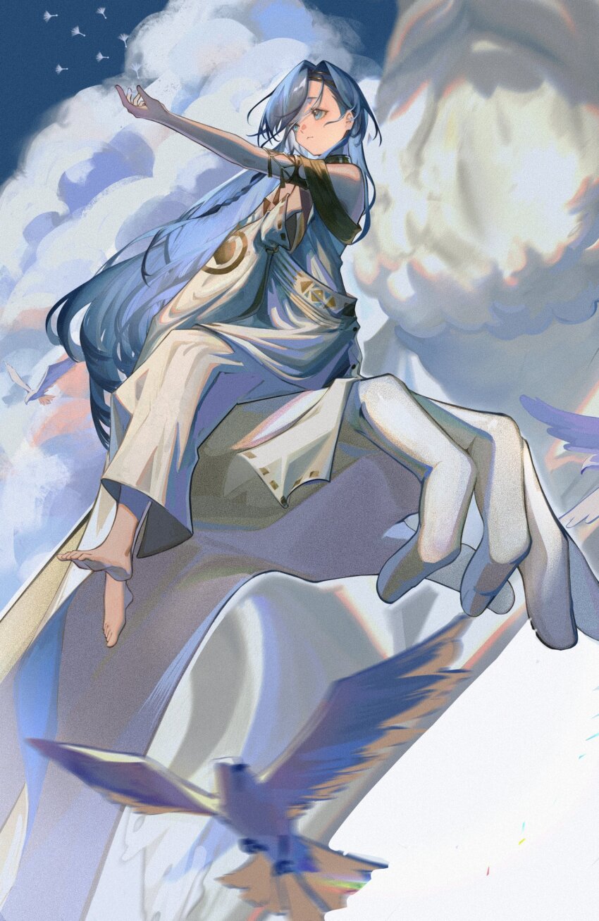 1girl 37_(reverse:1999) ancient_greek_clothes armlet bare_shoulders barefoot bird blue_eyes blue_hair cloud dandelion_seed full_body greco-roman_clothes hand_on_own_chest hand_up highres jewelry long_hair looking_ahead motion_blur outdoors outstretched_arms reverse:1999 sky solo statue toga very_long_hair weishanli4