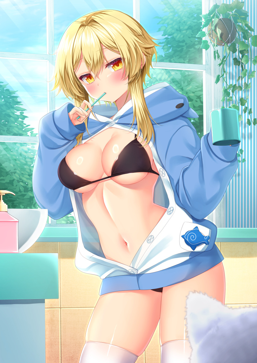 1girl absurdres alternate_breast_size black_bra black_panties blonde_hair blue_sweater blush bra breasts cleavage commentary_request cowboy_shot cup day genshin_impact hair_between_eyes highres holding holding_cup hood hooded_sweater indoors large_breasts looking_at_viewer lumine_(genshin_impact) midriff minatsuki_alumi mug navel panties partially_unbuttoned plant potted_plant short_hair_with_long_locks soap_dispenser solo stomach sweater thighhighs thighs underwear white_thighhighs window yellow_eyes