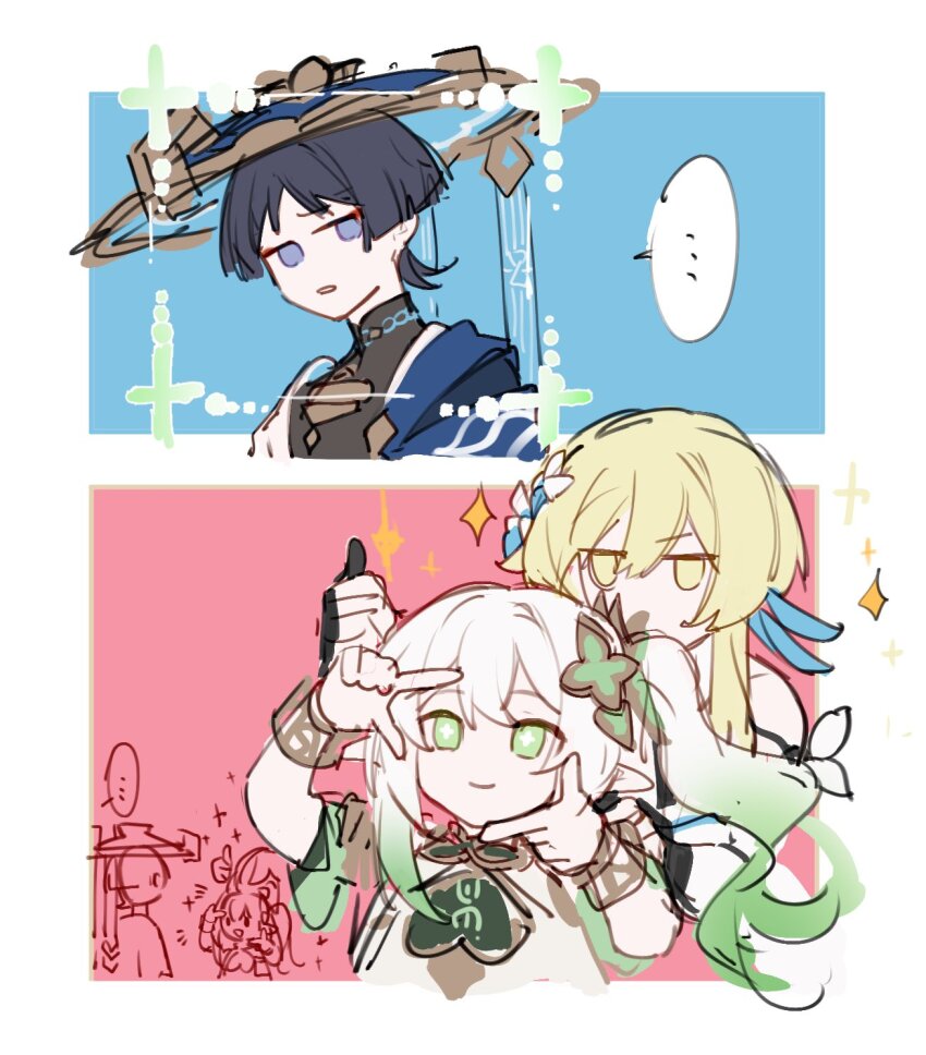 ... 1boy 2girls aqua_background aqua_flower armlet black_bodysuit black_gloves black_hair blank_eyes blonde_hair blue_cape blue_hat blunt_ends bodysuit border bracelet cape collarbone cross-shaped_pupils detached_sleeves dichlorvos double-parted_bangs dress feather_hair_ornament feathers finger_frame flower genshin_impact gloves gold gradient_hair green_eyes green_hair green_sleeves hair_between_eyes hair_flower hair_ornament hand_on_another&#039;s_shoulder hat highres japanese_clothes jewelry jingasa kimono knot looking_at_another lumine_(genshin_impact) mandarin_collar multicolored_flower multicolored_hair multiple_girls nahida_(genshin_impact) open_clothes open_kimono open_mouth parted_lips partially_fingerless_gloves pink_background pointy_ears purple_eyes raised_eyebrow scaramouche_(genshin_impact) short_hair short_hair_with_long_locks side_ponytail sidelocks single_bare_shoulder sketch smile speech_bubble spoken_ellipsis symbol-shaped_pupils thumbs_up unamused wanderer_(genshin_impact) white_border white_dress white_flower white_hair white_kimono white_sleeves white_trim bracelet yellow_eyes