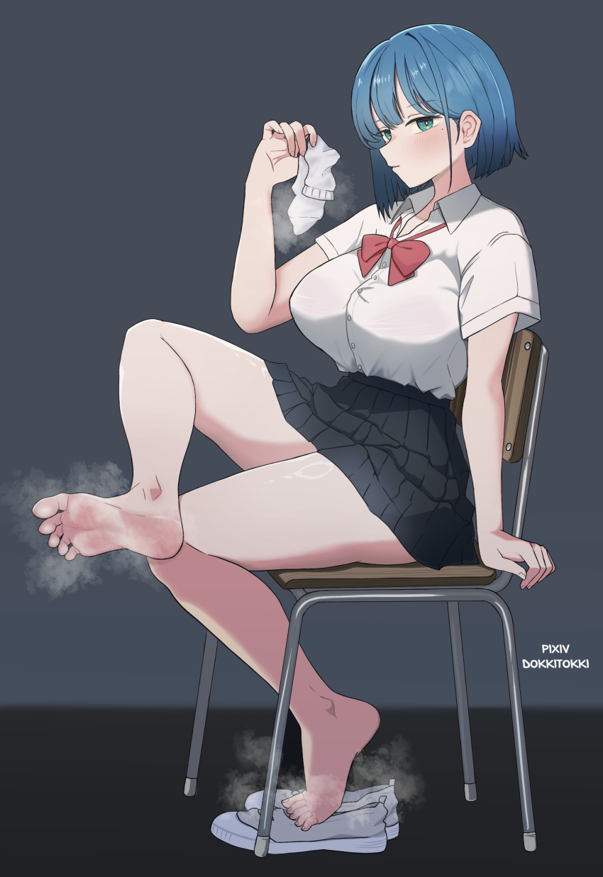 1girl absurdres barefoot blue_eyes blue_hair blush chair dokkitokki feet highres looking_at_viewer medium_hair original parted_lips school_uniform shoes single_sock socks soles steam toes unworn_shoes unworn_socks uwabaki white_socks
