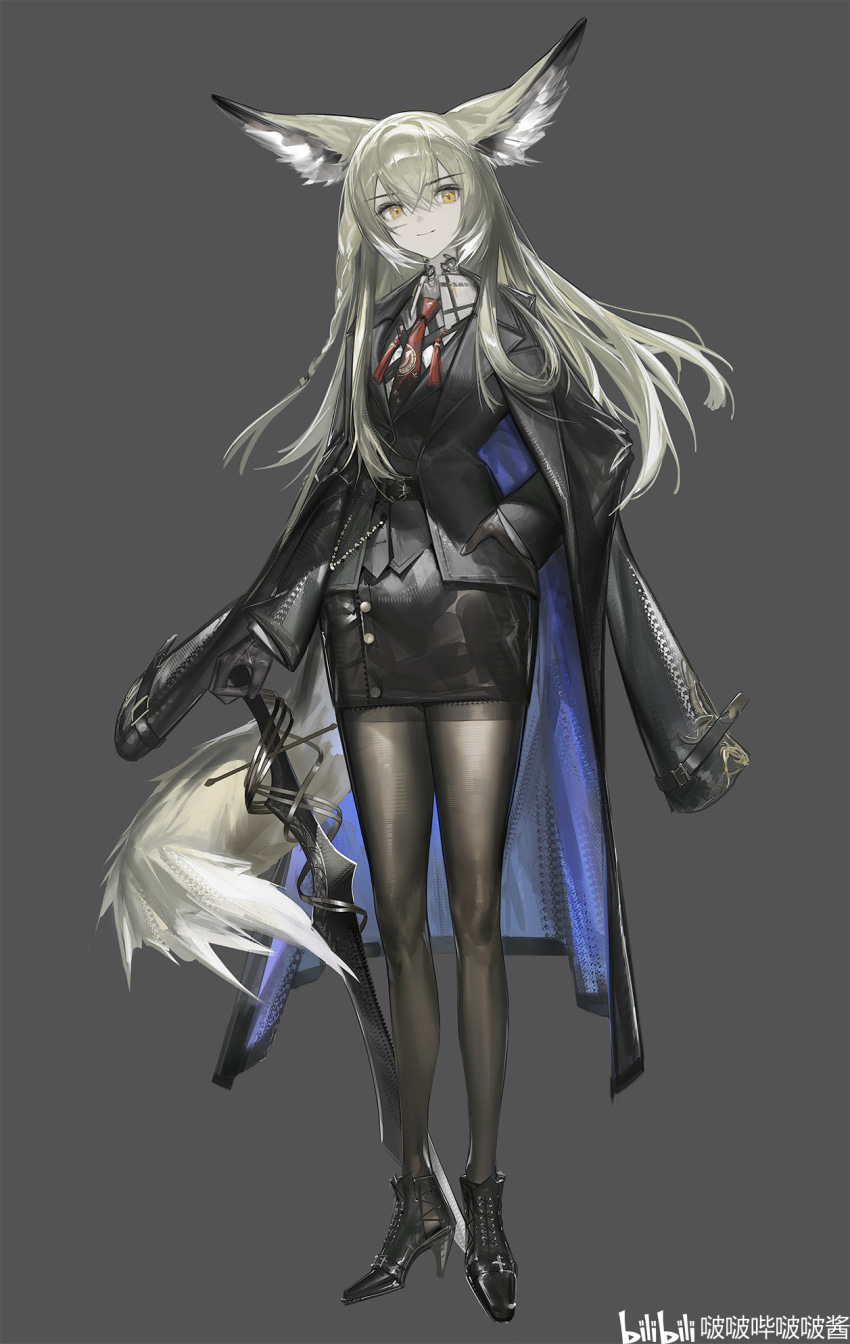 1girl animal_ear_fluff animal_ears arknights bilibili_username black_jacket black_pantyhose black_shoes black_skirt black_vest boboyo brown_hair closed_mouth commentary_request fox_ears fox_girl fox_tail full_body grey_background hair_between_eyes hand_on_own_hip high_heels highres holding holding_sword holding_weapon jacket long_hair necktie orange_eyes pantyhose red_necktie shirt shoes simple_background skirt smile solo sword tail very_long_hair vest vulpisfoglia_(arknights) weapon white_shirt
