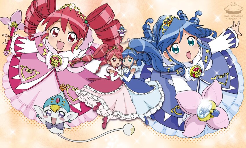 2girls :d \m/ ahoge aqua_eyes arm_up artist_logo artist_name back_bow bead_bracelet beads blonde_hair blue_bow blue_dress blue_hair blue_hat blue_shoes blush bow bowtie bracelet chest_bow closed_mouth commentary creature crest curly_hair dot_nose dress dress_bow drill_hair earrings elbow_gloves fairy fine_(futagohime) fine_(party_dress)_(futagohime) fine_(prominence_dress_up)_(futagohime) flower_wand frilled_dress frilled_sleeves frills full_body fushigiboshi_no_futago_hime gem gleam gloves gold_tiara gown hair_between_eyes hair_ornament hat heart heart_print high_collar highres holding holding_hands holding_wand interlocked_fingers jeweled_hat jewelry kae_animation logo long_hair long_sleeves looking_at_viewer magical_girl medallion multiple_girls multiple_views open_mouth overskirt pantyhose phrygian_cap pink_bow pink_dress pink_shoes pointy_ears ponytail pumo_(futagohime) purple_bow purple_bowtie purple_eyes red_eyes red_gemstone red_hair rein_(futagohime) rein_(party_dress)_(futagohime) rein_(prominence_dress_up)_(futagohime) ringlets shoes short_sleeves siblings sisters sleeves_past_wrists smile sparkle sparkle_background star_(symbol) star_earrings star_hair_ornament sun_hat_ornament sun_print supportasse tail tiara twin_drills twins twintails two-tone_dress wand white_bow white_dress white_pantyhose wide_sleeves yellow_background