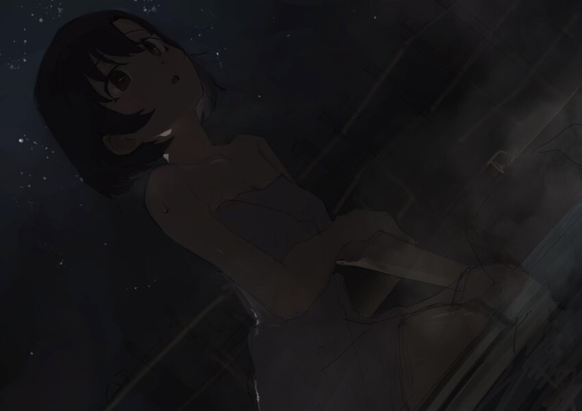 1girl black_hair breasts commentary dark highres idolmaster idolmaster_cinderella_girls looking_to_the_side naked_towel night onsen open_mouth rakukata_u shiragiku_hotaru short_hair sitting sketch sky small_breasts soaking_feet solo star_(sky) starry_sky steam symbol-only_commentary towel water