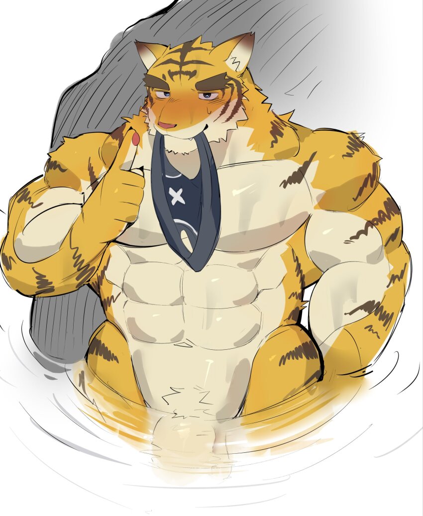 1boy abs animal_ears bara bare_pectorals biceps blush closed_mouth clothes_in_mouth commentary completely_nude convenient_censoring english_commentary furry furry_male highres in_water index_finger_raised lleeffff looking_at_viewer male_focus morenatsu muscular muscular_male navel nude pawpads pectorals penis penis_peek smile tiger_boy tiger_ears tiger_stripes torahiko_oshima wet yellow_fur