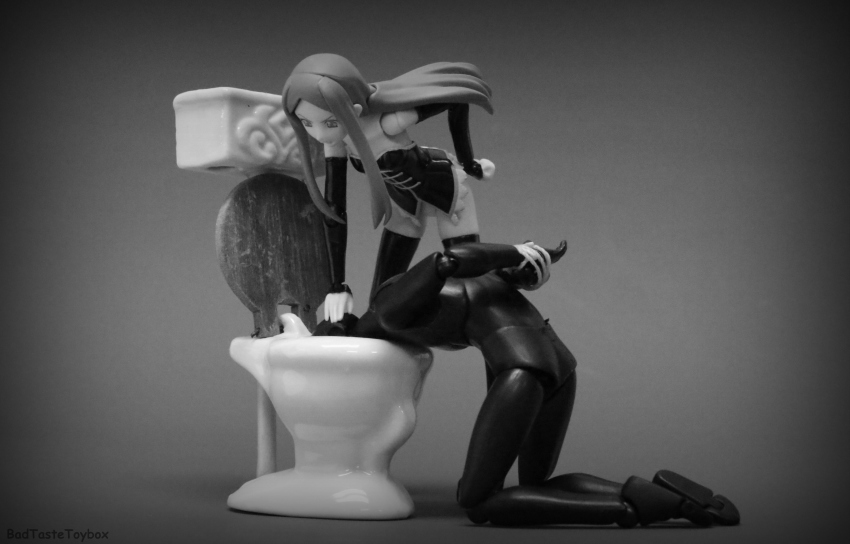 1boy 1girl absurdres action_figure arms_behind_back bound bound_wrists crossover dominatrix femdom figure greyscale highres himari_takakura interrogation looking_at_another mawaru_penguindrum meitantei_conan monochrome photo_(medium) princess_of_the_crystal pushing_away pushing_down pushing_face revoltech sidelocks tagme thighhighs toilet toilet_seat toy true_criminal