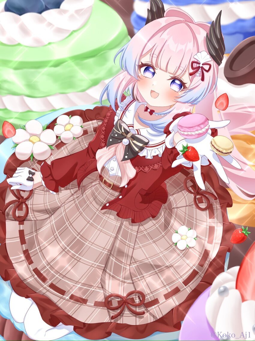 1girl :d alternate_costume belt blunt_bangs blush bow bow-shaped_hair bowtie cake casual colored_tips flower food frilled_sleeves frills from_above fruit genshin_impact gloves gradient_hair hair_bow hair_ornament hair_ribbon highres holding horns jewelry kokoaji_(koko_aj1) long_hair long_sleeves looking_at_viewer looking_up macaron multicolored_eyes multicolored_hair necklace open_mouth pantyhose pearl_necklace pink_eyes pink_hair plaid_clothes plaid_skirt purple_eyes purple_hair ribbon sangonomiya_kokomi sangonomiya_kokomi_(sushiro) seiza shell_hair_ornament sidelocks sitting skirt smile solo strawberry white_gloves white_pantyhose