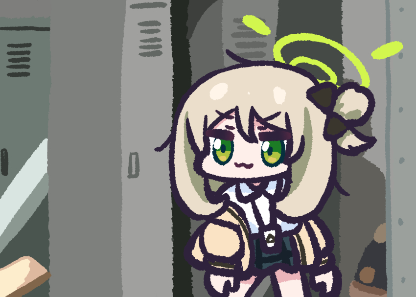 1girl :3 absurdres black_bow black_skirt blonde_hair blue_archive bow brown_jacket chibi collared_shirt gachimuchi green_eyes green_halo hair_bow hair_bun halo highres id_card jacket leatherclub_scene_(meme) locker locker_room long_hair meme nonomi_(blue_archive) open_clothes open_jacket panatisia parody shirt single_side_bun skirt solo swept_bangs v-shaped_eyebrows van_darkholme white_shirt