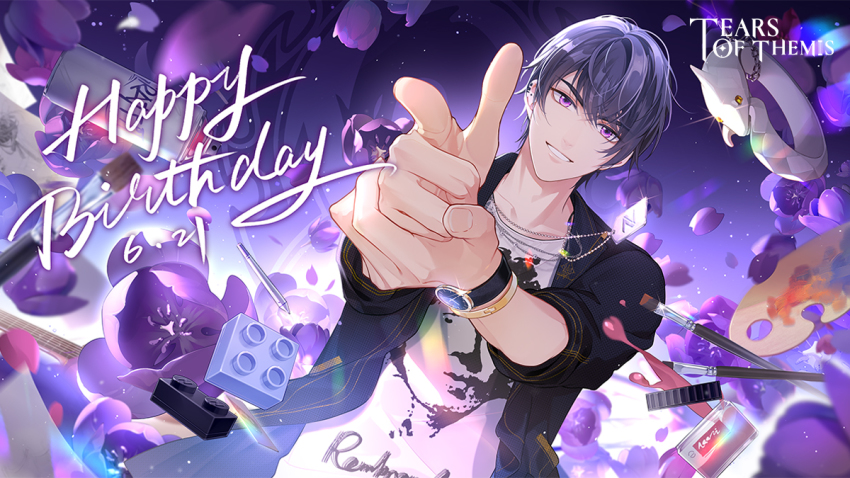 1boy :d bang_(gesture) black_jacket brush dog_tags dress earrings finger_gun grin happy_birthday jacket jewelry looking_at_viewer marius_von_hagen_(tears_of_themis) necklace official_art open_mouth paint_palette pointing pointing_at_viewer purple_dress purple_eyes shirt short_hair sleeves_rolled_up smile solo tears_of_themis teeth watch white_shirt wristwatch