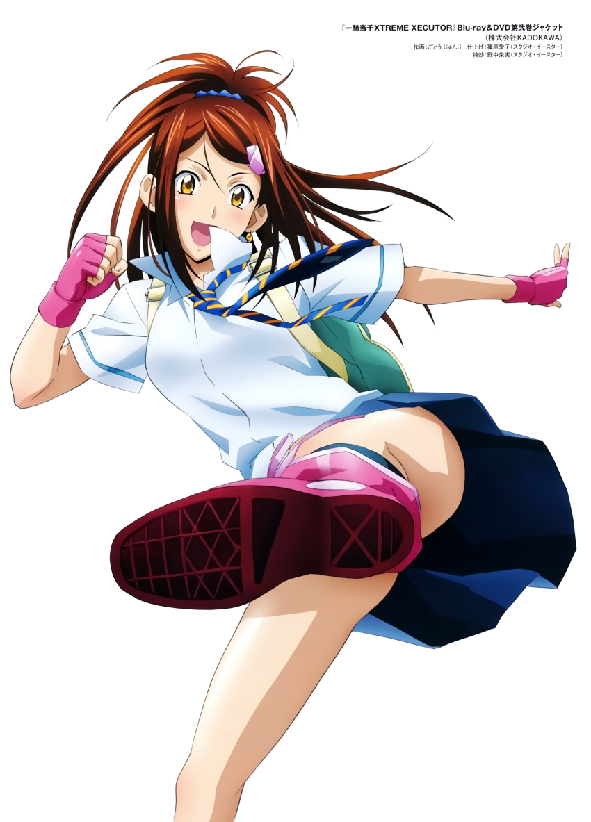 00s 1girl absurdres bachou_mouki black_socks blue_necktie blue_skirt brown_eyes brown_hair collared_shirt copyright_name earrings female_focus fingerless_gloves foreshortening gloves hair_ornament head_tilt high_ponytail highres ikkitousen jewelry legs_apart long_hair looking_at_viewer messy_hair miniskirt necktie official_art open_mouth parted_bangs pink_gloves pink_shoes pleated_skirt ponytail popped_collar rin-sin shirt shoe_soles shoes simple_background single_earring skirt socks solo striped_necktie swept_bangs white_background white_shirt