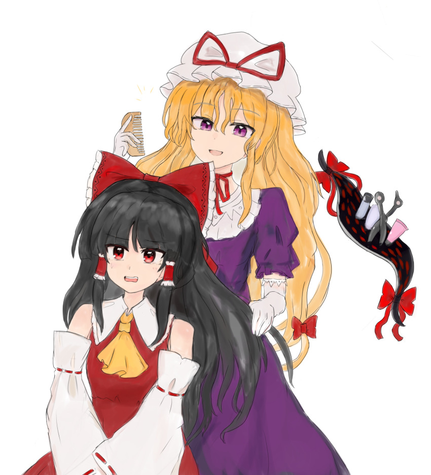2girls 83mkneinlsqmebq ascot black_hair blonde_hair bow brushing_another&#039;s_hair brushing_hair choker comb commentary detached_sleeves dress elbow_gloves frilled_bow frilled_hair_tubes frills gap_(touhou) gloves hair_bow hair_tubes hakurei_reimu hand_in_another&#039;s_hair hat hat_ribbon highres long_hair mob_cap multiple_girls open_mouth purple_dress purple_eyes red_bow red_eyes red_ribbon ribbon ribbon-trimmed_sleeves ribbon_choker ribbon_trim scissors short_sleeves smile touhou white_gloves yakumo_yukari yellow_ascot