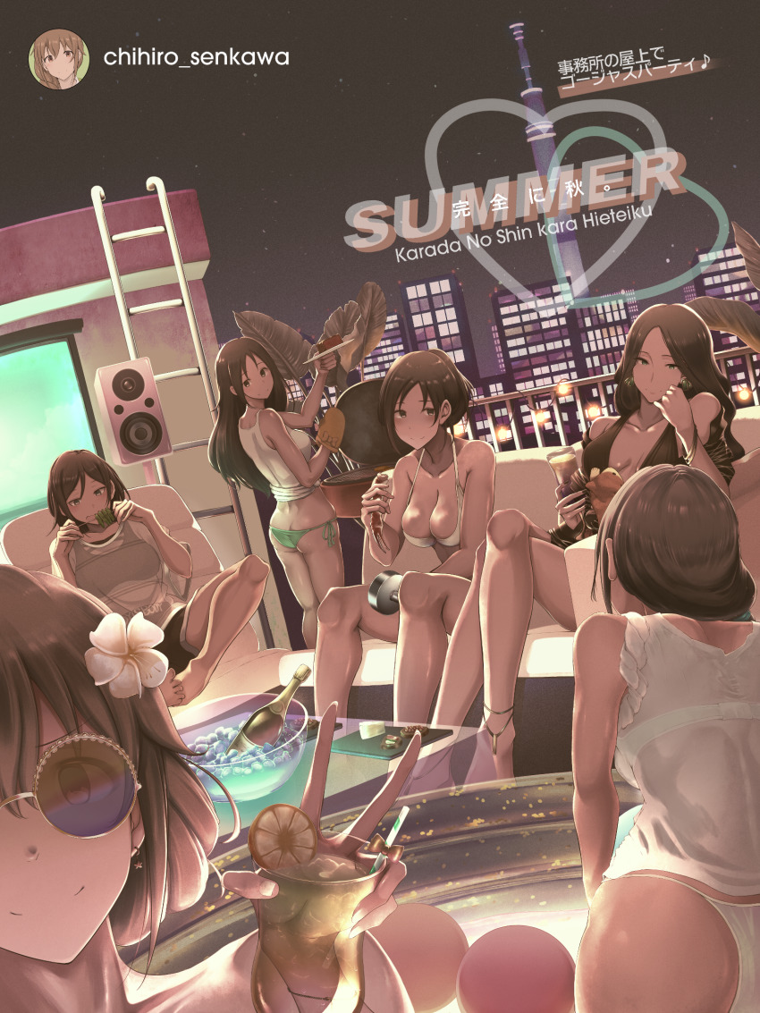 6+girls alcohol aoki_kei aoki_mei aoki_rei aoki_sei ass bikini bikini_bottom_only bottle breasts brown_hair butt_crack chair cityscape cleavage cooking couch crossed_legs cup earrings executive_mishiro flower gloves green_eyes grill grilling hair_flower hair_ornament hair_up halterneck highres holding holding_cup holding_plate idolmaster idolmaster_cinderella_girls jewelry ladder large_breasts licolicorice long_hair medium_breasts multiple_girls night night_sky outdoors plate senkawa_chihiro shirt shorts sitting sky skyline sleeveless sleeveless_shirt smile speaker sunglasses swimsuit table trainer_(idolmaster) white_bikini white_shirt