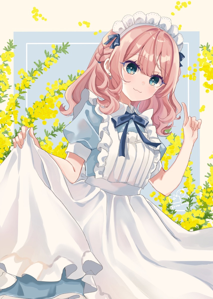 1girl :3 apron apron_hold blue_bow blue_dress blue_eyes border bow braid brown_border brown_hair closed_mouth collared_dress commentary_request dress floral_background flower frilled_apron frills grey_background hand_up highres index_finger_raised looking_at_viewer maid maid_apron maid_headdress original puffy_short_sleeves puffy_sleeves rino_cnc short_sleeves solo white_apron yellow_flower