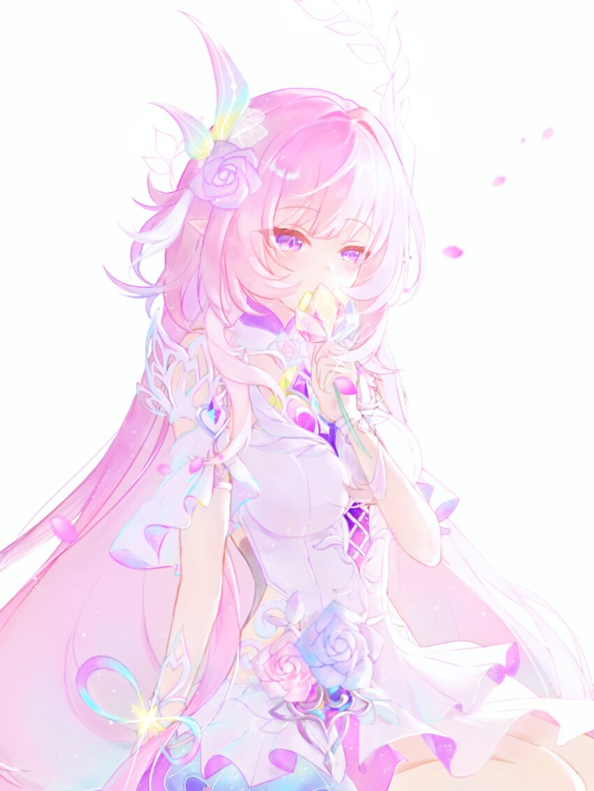 1girl aqua_hair bare_shoulders breasts commentary_request cyrene_(honkai:_star_rail) cyrene_(ripples_of_past_reverie)_(honkai:_star_rail) diamond-shaped_pupils diamond_(shape) dress flower gradient_hair hair_flower hair_ornament highres holding holding_flower honkai:_star_rail honkai_(series) large_breasts long_hair multicolored_hair pink_hair purple_eyes simple_background smile solo symbol-shaped_pupils tansanlemon100 very_long_hair white_background white_dress white_hair