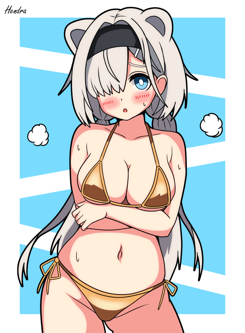 1girl absurdres alternate_costume animal_ears arknights artist_name aurora_(arknights) bear_ears bear_girl bikini black_hairband blue_background blue_eyes blush breasts cleavage commentary_request gold_bikini grey_hair hair_over_one_eye hairband hendra highres large_breasts long_hair looking_at_viewer navel side-tie_bikini_bottom signature simple_background solo swimsuit twintails