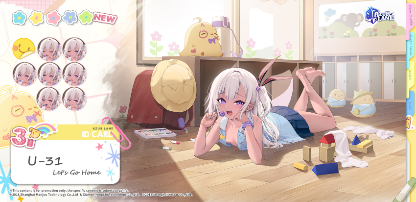 1girl :d :q ;) alternate_costume artist_request azur_lane bare_legs bare_shoulders blonde_hair blue_skirt blue_vest blush breasts candy character_name classroom closed_eyes commentary copyright_name crossed_legs dark-skinned_female dark_skin english_commentary multiple_expressions fang food full_body grin hair_between_eyes hair_ribbon hand_on_own_cheek hand_on_own_face hands_up head_rest highres holding holding_candy holding_food holding_lollipop indoors legs_folded legs_up lollipop long_hair looking_at_viewer lying manjuu_(azur_lane) mesugaki miniskirt naughty_face no_bra official_art on_floor on_stomach one_eye_closed open_clothes open_mouth open_vest pleated_skirt promotional_art purple_eyes ribbon side_ponytail skirt small_breasts smile solo striped_ribbon thighs tongue tongue_out u-31_(azur_lane) u-31_(let&#039;s_go_home)_(azur_lane) unbuttoned very_long_hair vest white_hair