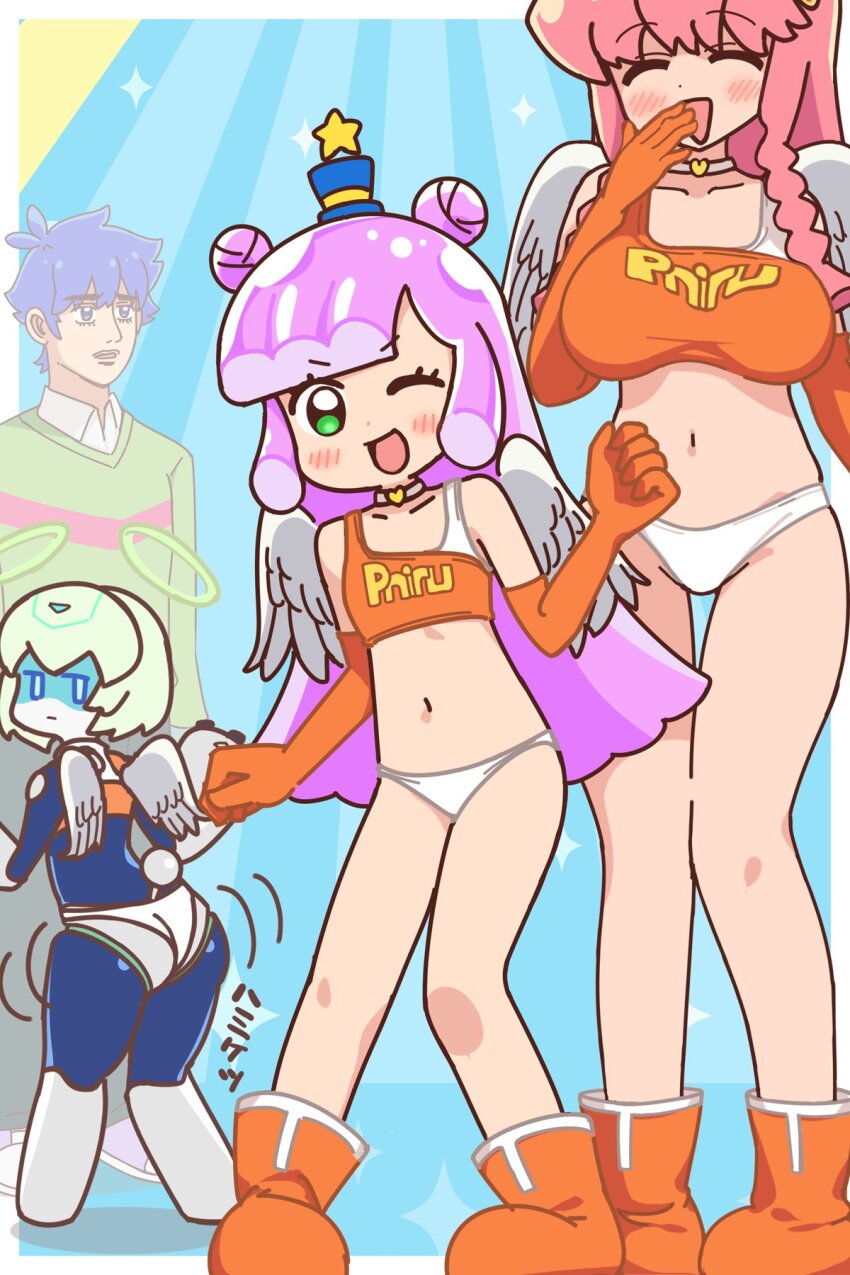1boy 3girls angel_wings blue_hat blunt_bangs breasts double_bun elbow_gloves flat_chest gloves gradient_hair green_eyes hair_bun hat highres kawaii_kotarou kirara_mami large_breasts long_hair mf_ghost mfg_angels_uniform mini_hat mini_top_hat mocchisake monster_girl multicolored_hair multiple_girls navel one_eye_closed puniru_(puniru_wa_kawaii_slime) puniru_wa_kawaii_slime purple_hair runruun_(puniru_wa_kawaii_slime) season_connection slime_(substance) slime_girl thong top_hat wings