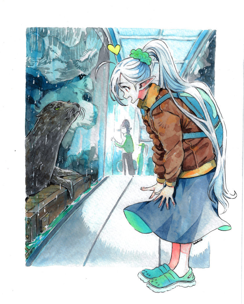 2girls absurdres aquarium arms_at_sides artist_name backpack bag blue_bag blue_skirt brown_hair brown_pants collared_jacket commentary crocs english_commentary eudetenis eyelashes faceless faceless_female fang floating_clothes from_side full_body green_scrunchie green_shirt green_shoes grey_hair hair_ornament hair_scrunchie heart highres jacket leaning_forward long_hair long_skirt long_sleeves looking_at_animal marker_(medium) multiple_girls no_socks open_mouth original pants pointy_ears ponytail scrunchie seal_(animal) shirt shoes skirt smile solo_focus spread_fingers standing traditional_media very_long_hair water white_hair window