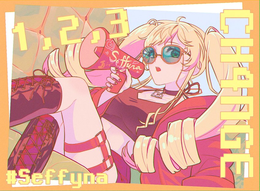 1girl black_boots black_choker black_sports_bra blonde_hair boots breasts ch4nge_(cevio) choker collarbone colored_inner_hair couch drill_hair holding holding_megaphone jacket jagijang knee_boots long_hair looking_at_viewer medium_breasts megaphone multicolored_hair nijisanji nijisanji_kr open_mouth pink_hair red_jacket red_shorts seffyna shorts sitting solo song_name sports_bra sunglasses thigh_strap twintails virtual_youtuber