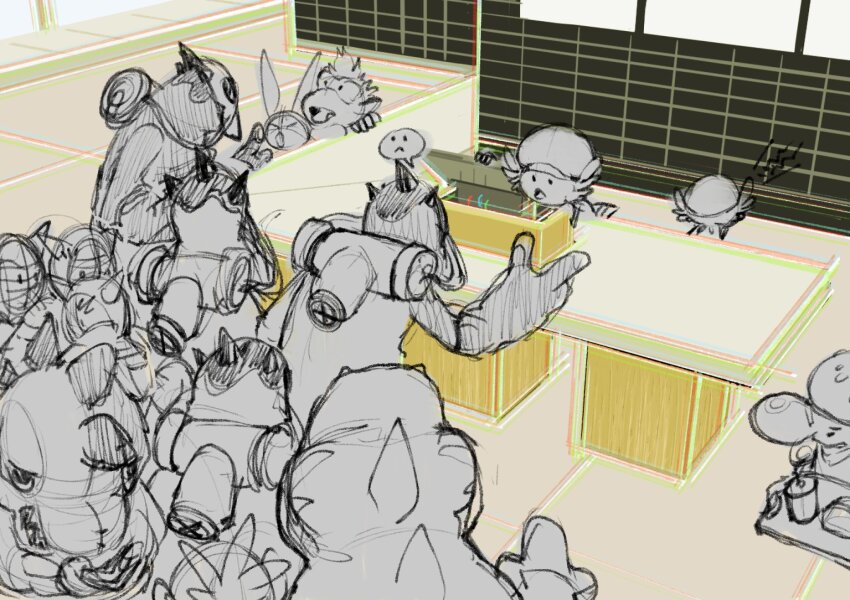 burgamon digimon digimon_(creature) ebiburgamon ex-tyranomon goburimon grottemon hat koemon kotemon looking_at_another neamon troopmon tyranomon