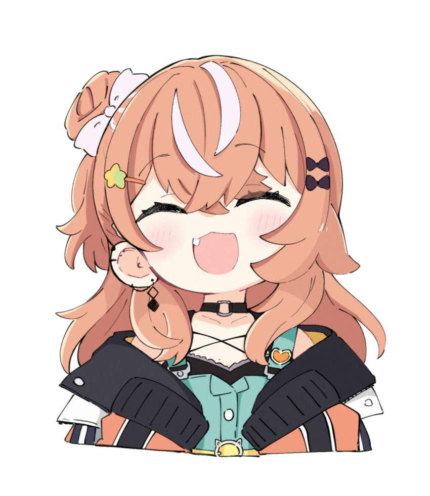 1girl :d ^_^ black_choker blue_dress blush bow brown_hair brown_jacket choker closed_eyes collarbone commentary cropped_torso dress ear_piercing earrings facing_viewer fang hair_bow hair_bun hair_ornament hairclip hands_up highres igarashi_rika igarashi_rika_(1st_costume) jacket jewelry long_hair long_sleeves multicolored_hair nijisanji nozo_(hitomiz) off_shoulder one_side_up open_clothes open_jacket open_mouth piercing puffy_long_sleeves puffy_sleeves simple_background single_side_bun sleeves_past_fingers sleeves_past_wrists smile solo star_(symbol) star_hair_ornament streaked_hair upper_body virtual_youtuber white_background white_bow white_hair